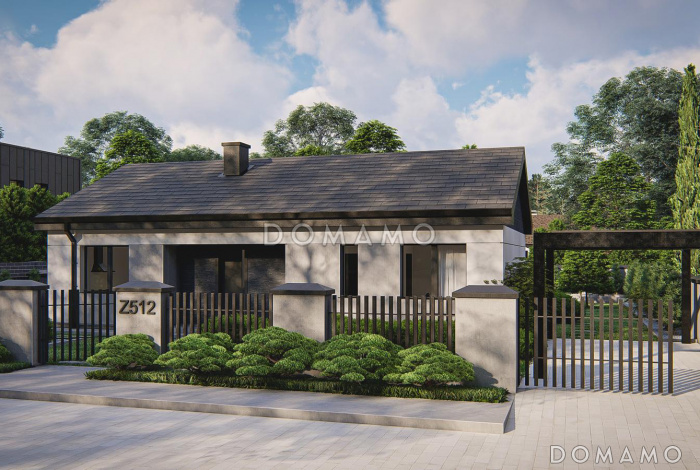 Проект одноэтажного дома с двумя санузлами и тремя комнатами, окном на кухне