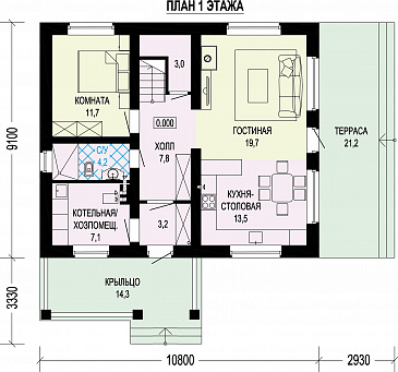 Проект двухэтажного дома в стиле шале из газобетона и бруса / План 1 этажа