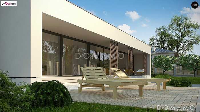 Проект просторного современного одноэтажного дома из кирпича с плоской крышей, большой площадью остекления, с четырьмя спальнями и большим гаражом