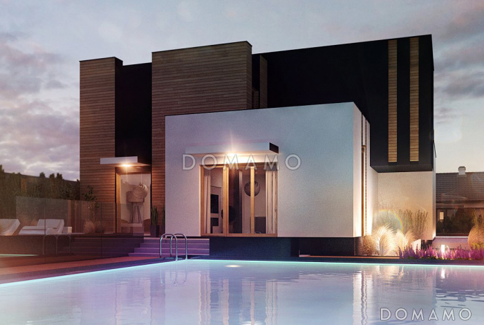 Проект стильного загородного дома с плоской крышей, гаражом, террасами