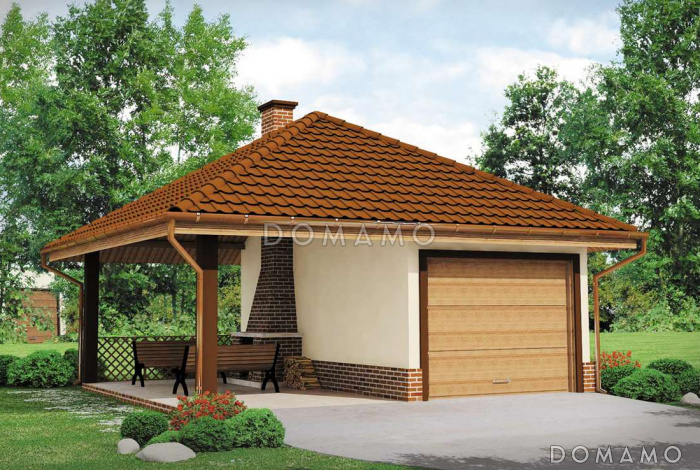 Проект одноместного гаража из газобетона с барбекю на террасе