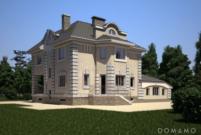 Проект классического дома с эркером, гаражом на два автомобиля, бильярдной, бассейном на первом этаже