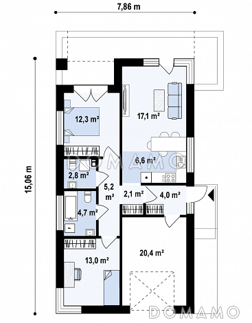 Проект одноэтажного загородного дома небольшой площади с гаражом, двумя спальнями с большими окнами / План 1 этажа
