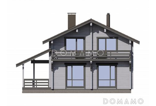 Проект загородного дома с террасой, комнатой на первом этаже, кладовой под лестницей, балконом / Фасад 1