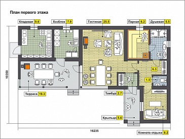 Проект одноэтажного дома из SIP панелей с крытой террасой с барбекю, кладовой, хозблоком, гостиной с камином, парной и комнатой отдыха / План 1 этажа