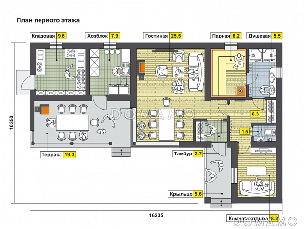 Проект одноэтажного дома из SIP панелей с крытой террасой с барбекю, кладовой, хозблоком, гостиной с камином, парной и комнатой отдыха / План 1 этажа