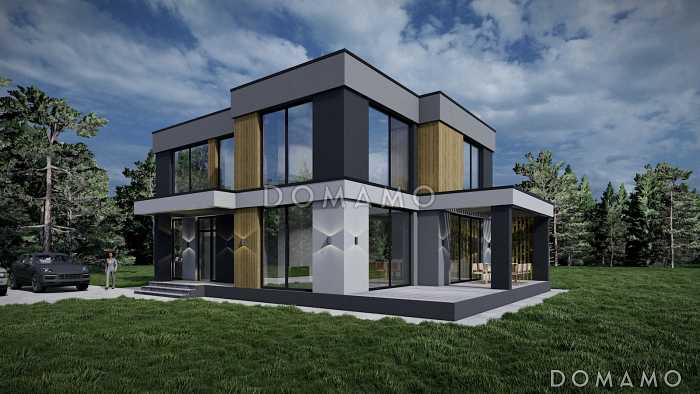 Проект дома с панорамным остеклением на обоих этажах, с 4 спальнями и крытой террасой