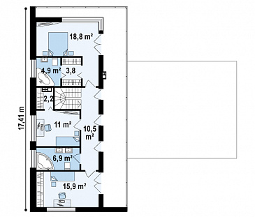 Проект современного двухэтажного дома из кирпича с плоской крышей, четырьмя комнатами и одноместным гаражом / План 2 этажа
