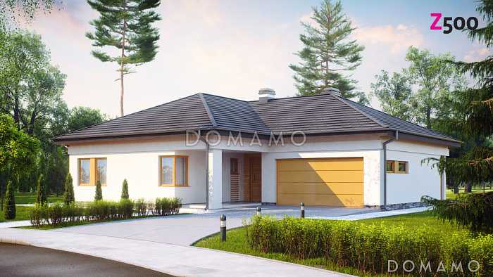 Проект одноэтажного дома из газобетона с дневной зоной в тыльной части дома и выходом на большую террасу и гаражом на два автомобиля