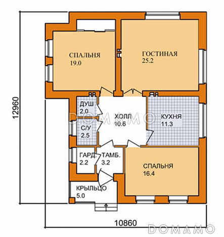 Проект дома из СИП панелей с изолированной кухней, двумя спальнями и небольшой гостиной / План 1 этажа