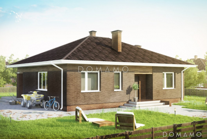 Проект компактного одноэтажного дома по технологии ЛСТК с террасой, с комбинированной отделкой