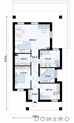 Проект простого комфортного одноэтажного дома из кирпича с тремя спальнями / План 1 этажа