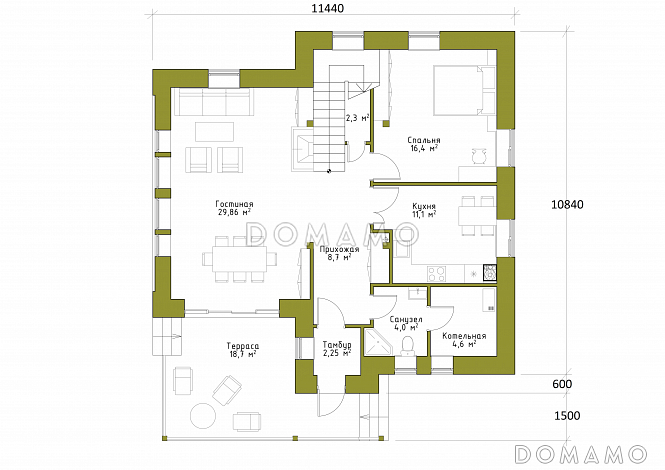 Проект коттеджа с двусветной гостиной и террасой. / План 1 этажа