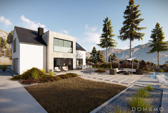 Проект современного мансардного дома с гаражом, панорамным остеклением, просторной кухонной зоной, прачечной