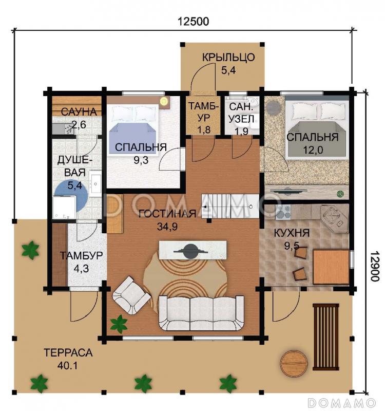 Проект дома из клееного бруса с одной небольшой спальней на мансардном этаже / План 1 этажа