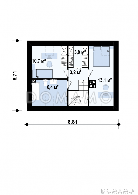 Проект компактного одноэтажного мансардного дома из кирпича с тремя спальнями и фронтальной террасой / План мансардного этажа
