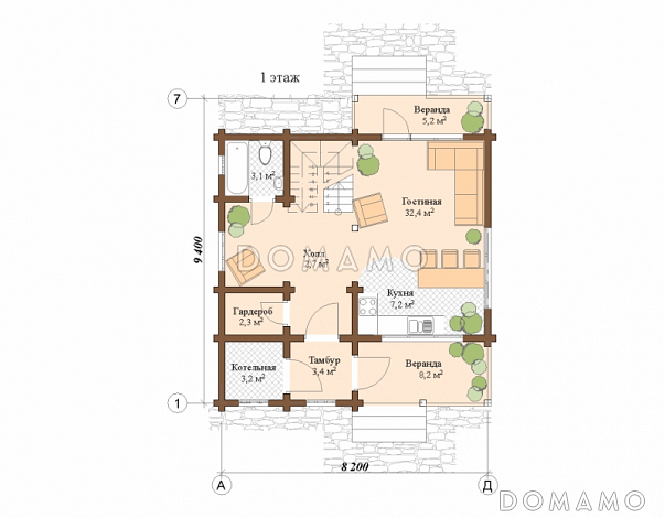 Проект дома из клееного бруса с мансардой и двумя балконами на втором этаже / План 1 этажа