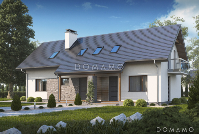 Проект одноэтажного мансардного дома из кирпича с отдельными входами для двух семей