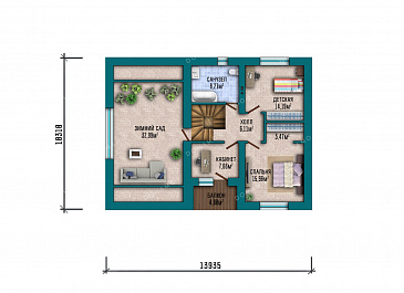 Проект современного двухэтажного дома с просторным гаражом, балконом, совмещенной кухней-гостиной и большим зимним садом на втором этаже / План 2 этажа