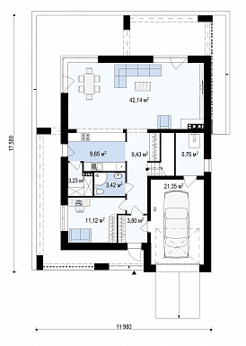 Проект современного двухэтажного дома из газобетона с плоской крышей, четырьмя комнатами, вторым светом и гаражом / План 1 этажа