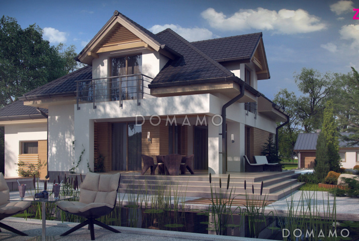 Проект одноэтажного мансардного дома из газобетона с кабинетом, гаражом и комнатой над гаражом