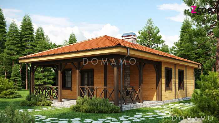 Проект компактного одноэтажного дома с барбекю на большой террасе для каркасного строительства