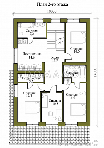 Проект трехэтажного кирпичного дома с пятью спальнями, холодным чердаком и подвалом / План 2 этажа