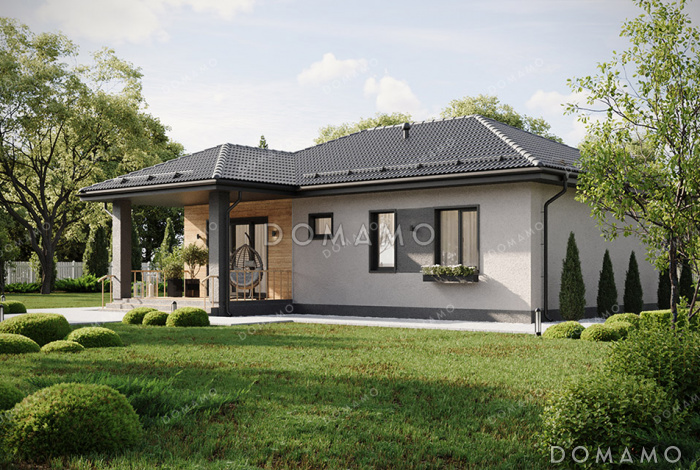 Проект компактного одноэтажного дома с общей вальмовой кровлей над входной группой и террасой и комбинированной отделкой фасада декоративной штукатуркой и планкеном