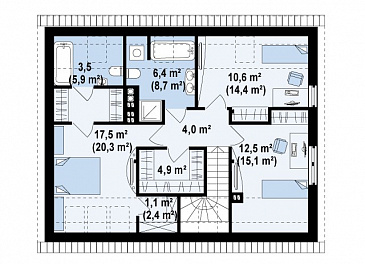 Проект одноэтажного мансардного дома из кирпича с частично крытой террасой и гаражом / План мансардного этажа