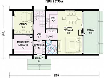 Проект каркасного загородного А-образного дома с террасой, лоджией / План 1 этажа