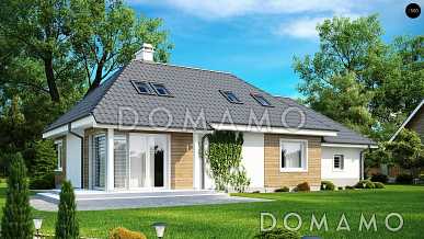 Проект одноэтажного мансардного дома из газобетона с кабинетом, угловым окном в гостиной и гаражом