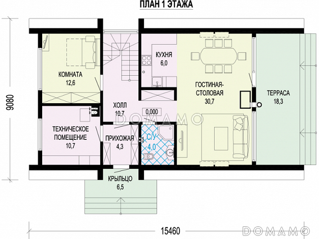 Проект каркасного загородного А-образного дома с террасой, лоджией / План 1 этажа