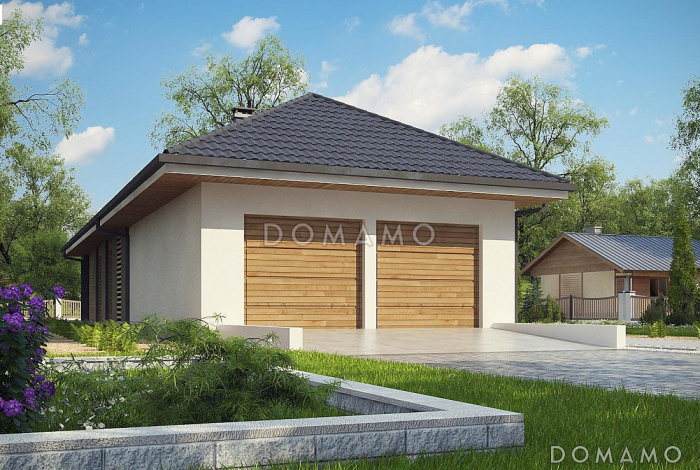 Проект одноэтажного дома из газобетона с тремя спальнями, гаражом на два автомобиля и уютной крытой террасой