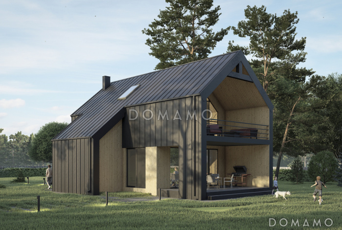 Проект двухэтажного дома из газобетона в стиле барнхаус с панорамными окнами в гостиной