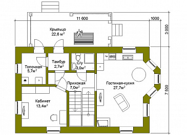 Проект компактного коттеджа из кирпича с балконом. / План 1 этажа