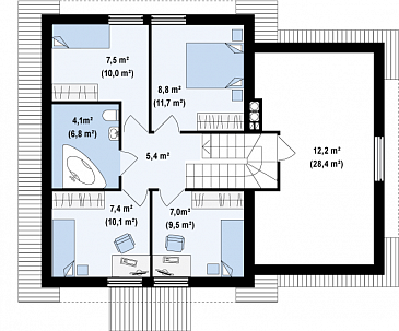 Проект классического одноэтажного мансардного дома из газобетона с четырьмя спальнями и гаражом / План мансардного этажа