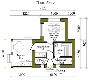 План каркасной бани с барбекю в средневековом английском стиле / План 1 этажа