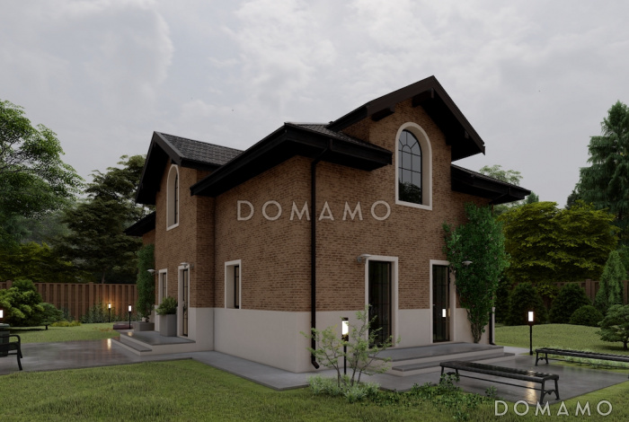 Проект гаража из газобетона с мансардным этажом и облицовкой из кирпича