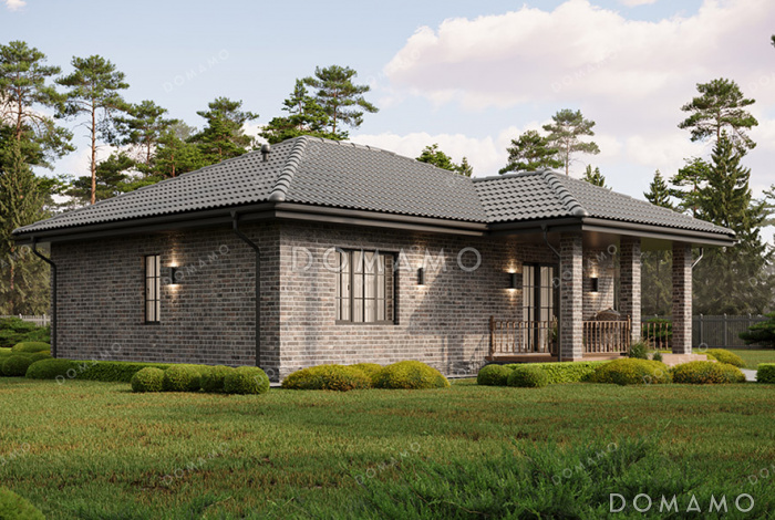 Проект одноэтажного дома с общей вальмовой кровлей над входной группой и террасой и отделкой фасада кирпичом