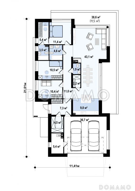 Проект одноэтажного дома из кирпича с просторной гостиной, мастер-спальней и гаражом на 2 машины / План 1 этажа