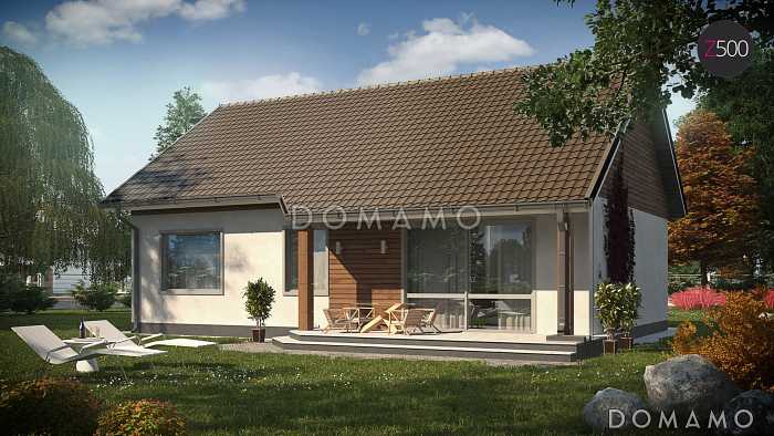 Проект компактного одноэтажного дома из кирпича с острой крышей, с тремя спальнями и небольшой крытой террасой