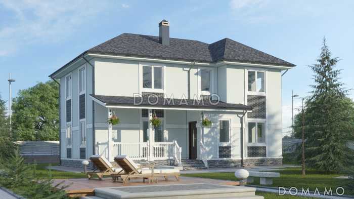 Проект двухэтажного дома с террасой, большой кухней-гостиной, кладовой