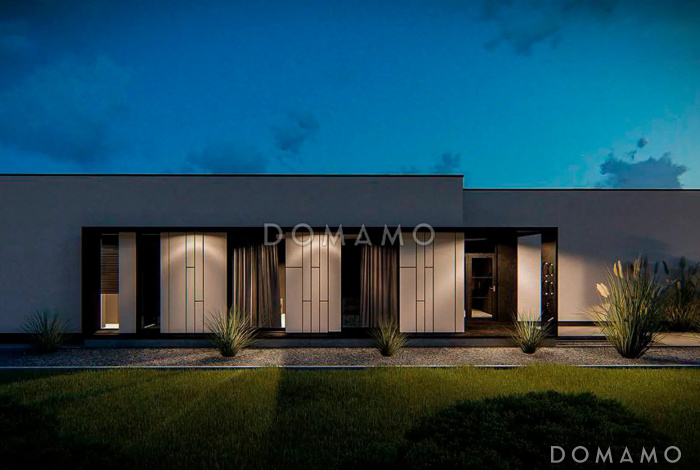 Проект современного одноэтажного дома с плоской кровлей и гаражом на две машины