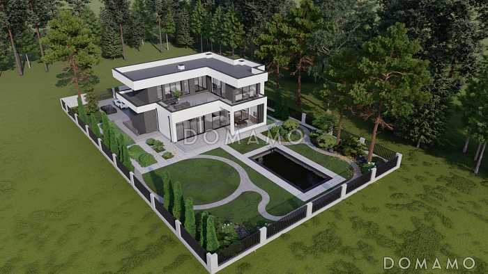 Проект крупномасштабного двухэтажного дома в стиле хай-тек с подвалом и бассейном