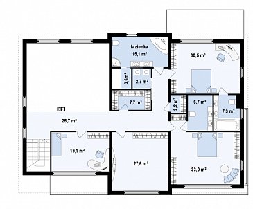 Проект большого комфортабельного двухэтажного дома из кирпича с пятью комнатами, спортзалом и вторым светом над просторной гостиной / План 2 этажа