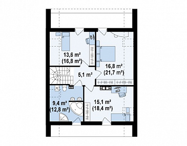 Проект одноэтажного мансардного дома из газобетона с балконом и современными элементами экстерьера  / План мансардного этажа