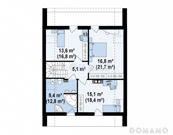 Проект одноэтажного мансардного дома из газобетона с балконом и современными элементами экстерьера  / План мансардного этажа