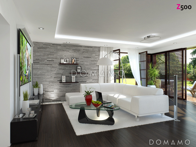 Проект современного двухэтажного дома из кирпича в стиле модерн с пятью спальнями, с гаражом, угловой террасой и балконом над ней