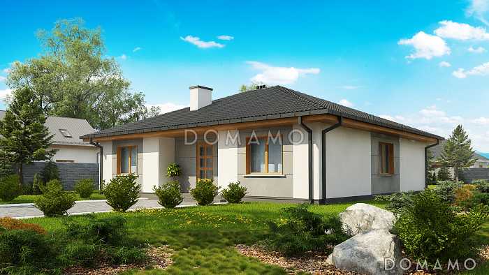 Проект современного одноэтажного загородного дома с мастер-спальней, террасой, кухней с окном у мойки