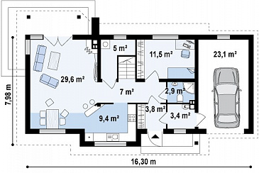 Проект традиционного мансардного дома из газобетона с дополнительной спальней на первом этаже и гаражом / План 1 этажа